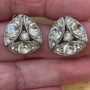 Bogoff Silver Clip-On Rhinestone Earrings round with three divisions of stones